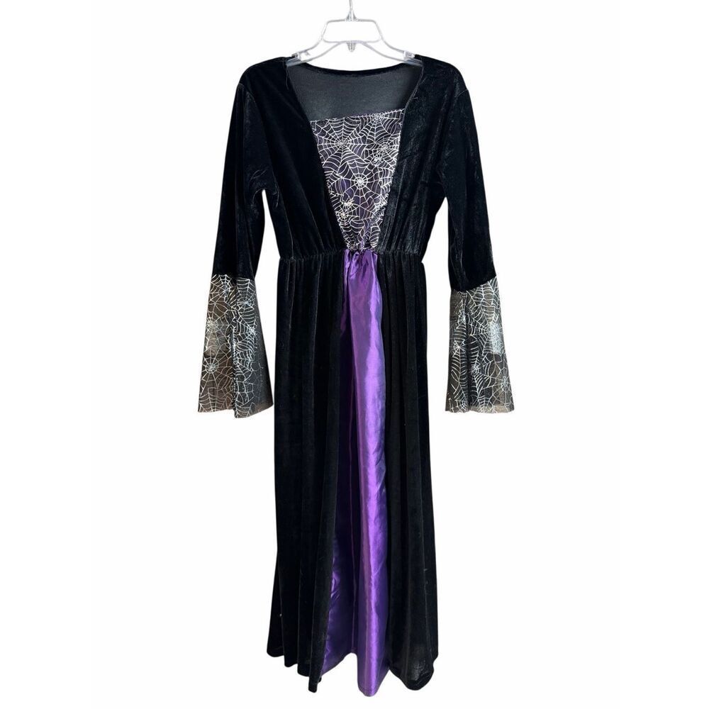 Sorcery Witch Costume Black Velvet Purple Spiderweb Gothic Halloween Dress
